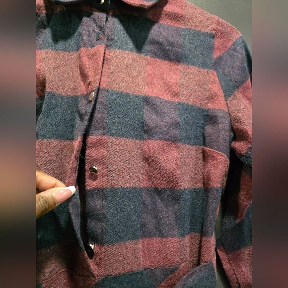 New Lion Collection Maxi Plaid Dress Fuzzy Burgundy Blue Quarter Button Sz 42 - Picture 4 of 10